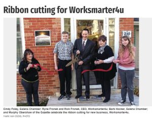 Ribbon cutting event with the Galena Chamber of Commerce for Worksmarter4u and Silver And Gold Solutions on October 20th, 2022.