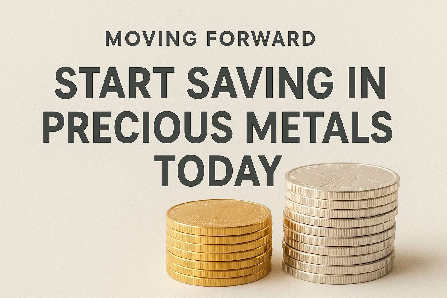 Stacked gold and silver coins with text “Start Saving in Precious Metals Today”