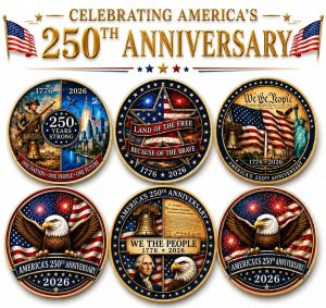 Six specialty coin designs honoring America’s 250th Anniversary, featuring patriotic 1776–2026 artwork with bald eagles, the American flag, Liberty Bell, Statue of Liberty, We the People, fireworks, and silver and copper commemorative coin designs from Silver and Gold Solutions.